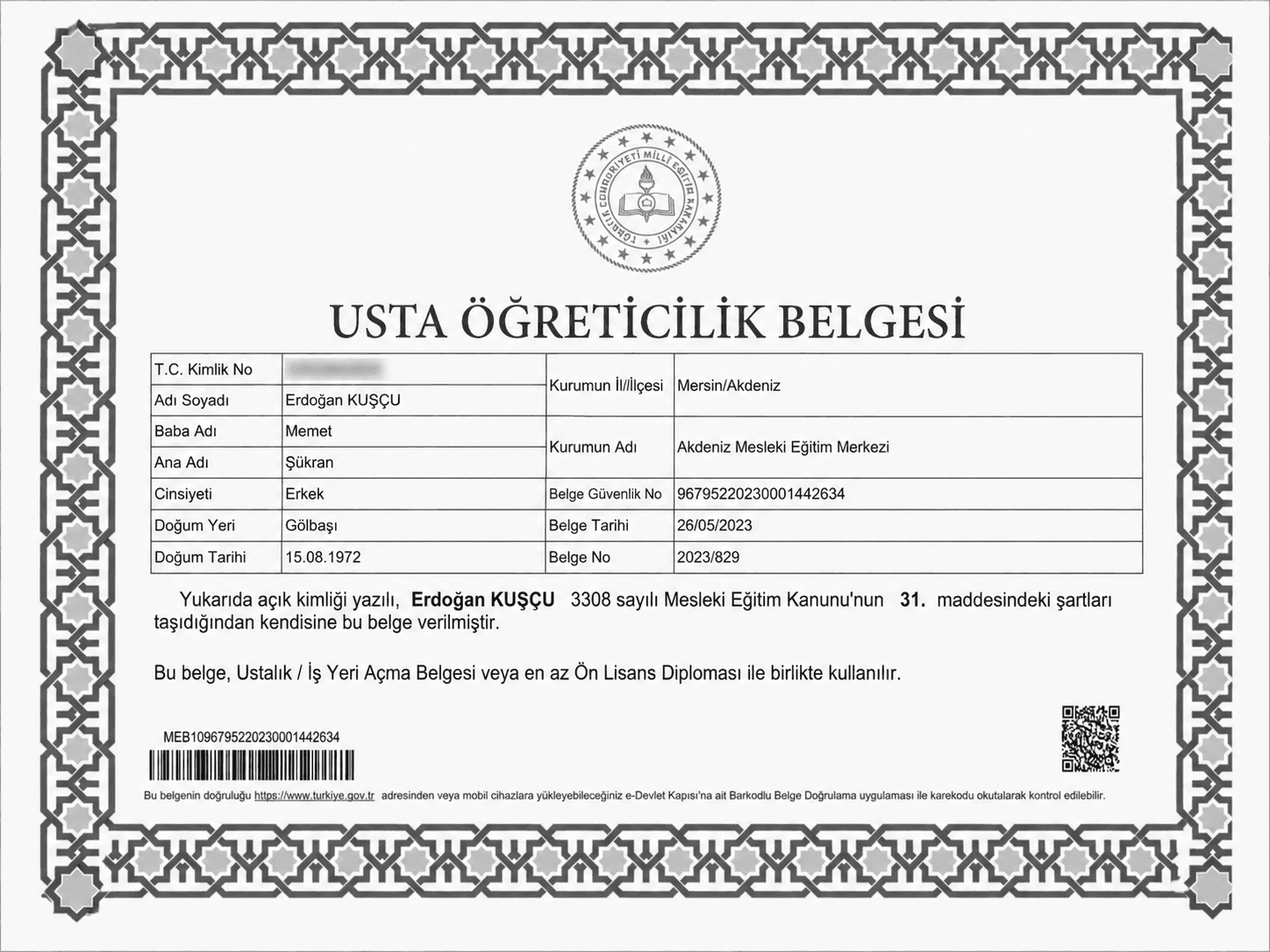 Erdoğan Kuşçu ustalık belgesi